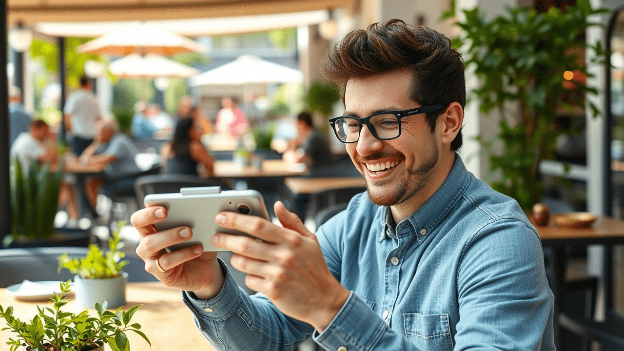 Happy customer leaving online review for small business boosting local seo reputation
