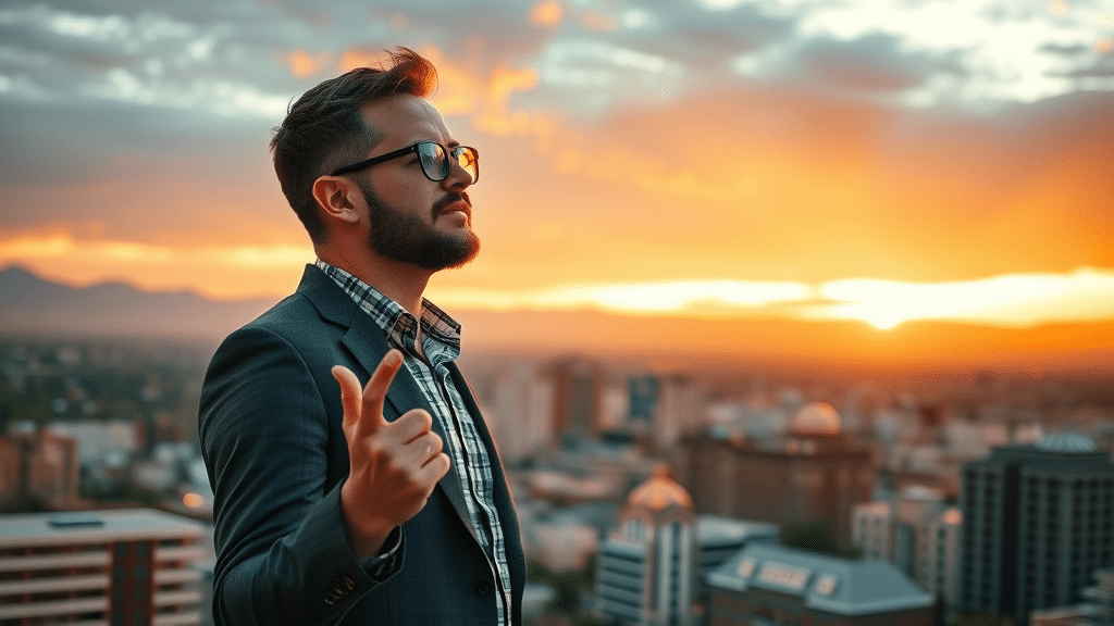 Ambitious Grand Junction entrepreneur envisioning future growth, overlooking cityscape at sunrise, inspirational pose, warm orange and gold tones.