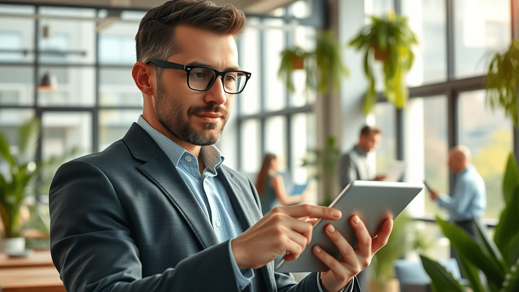 Confident business owner checking local seo analytics in a modern sunny coworking office