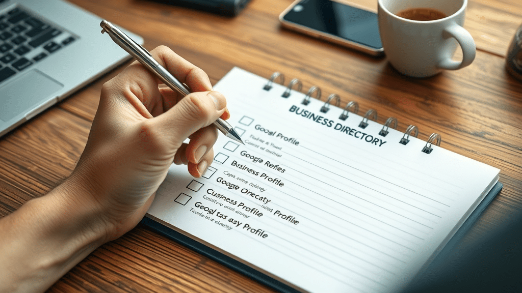 Notepad with top business directories checklist for local seo