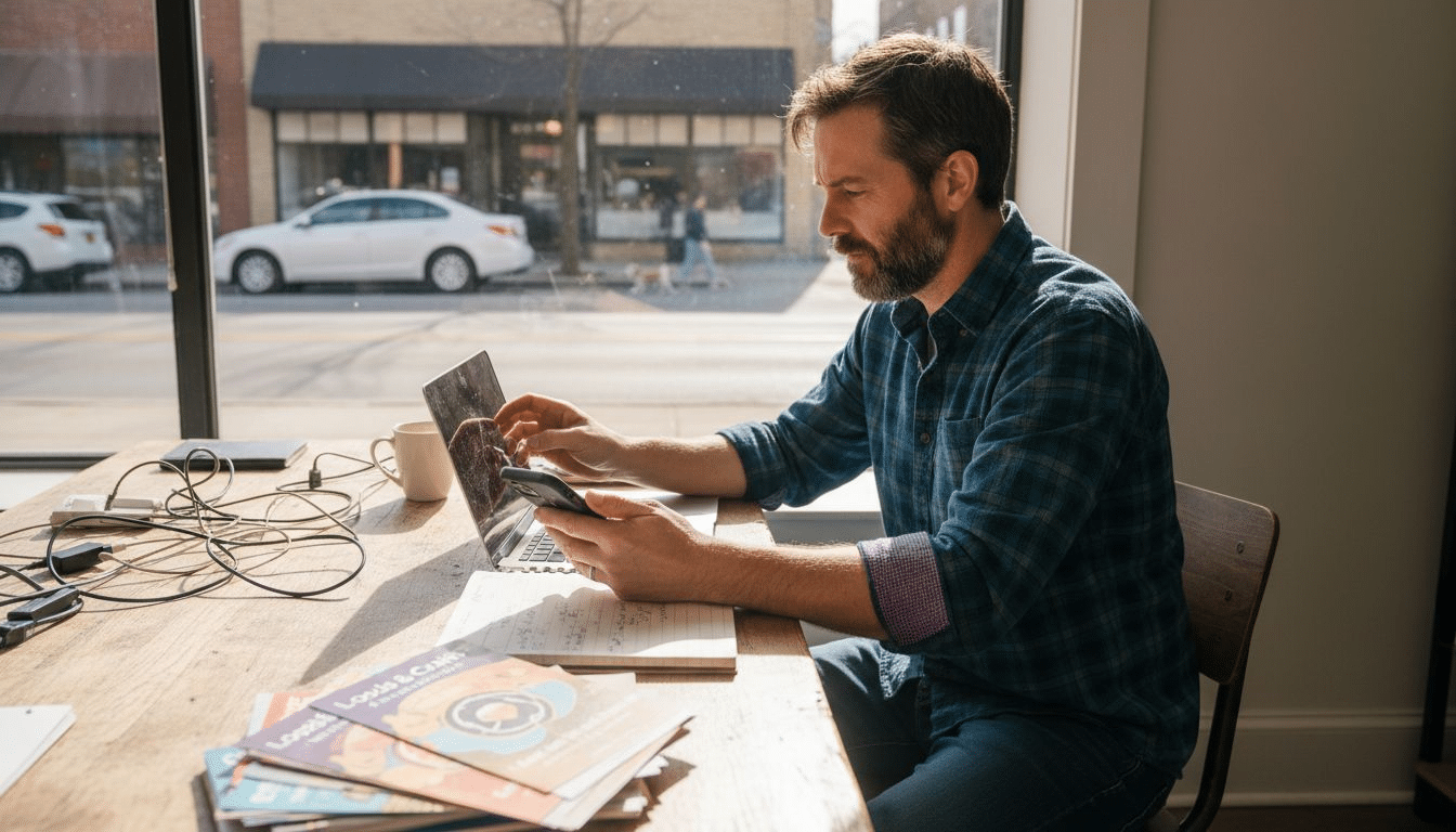 Business owner at desk using online ads
