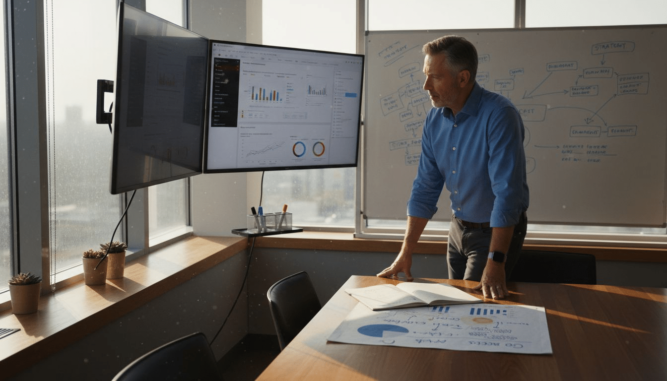 Manager comparing digital advertising solutions in office