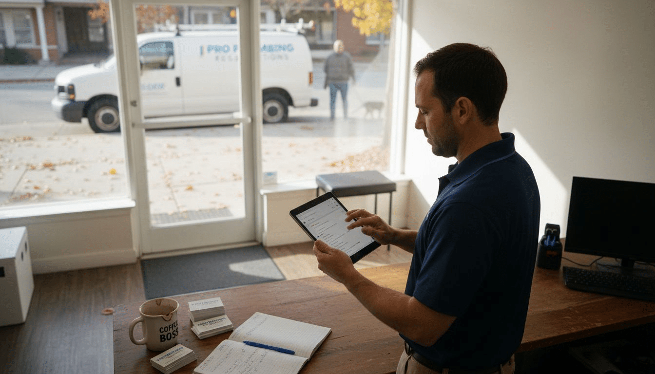Service business owner checking Google profile in office