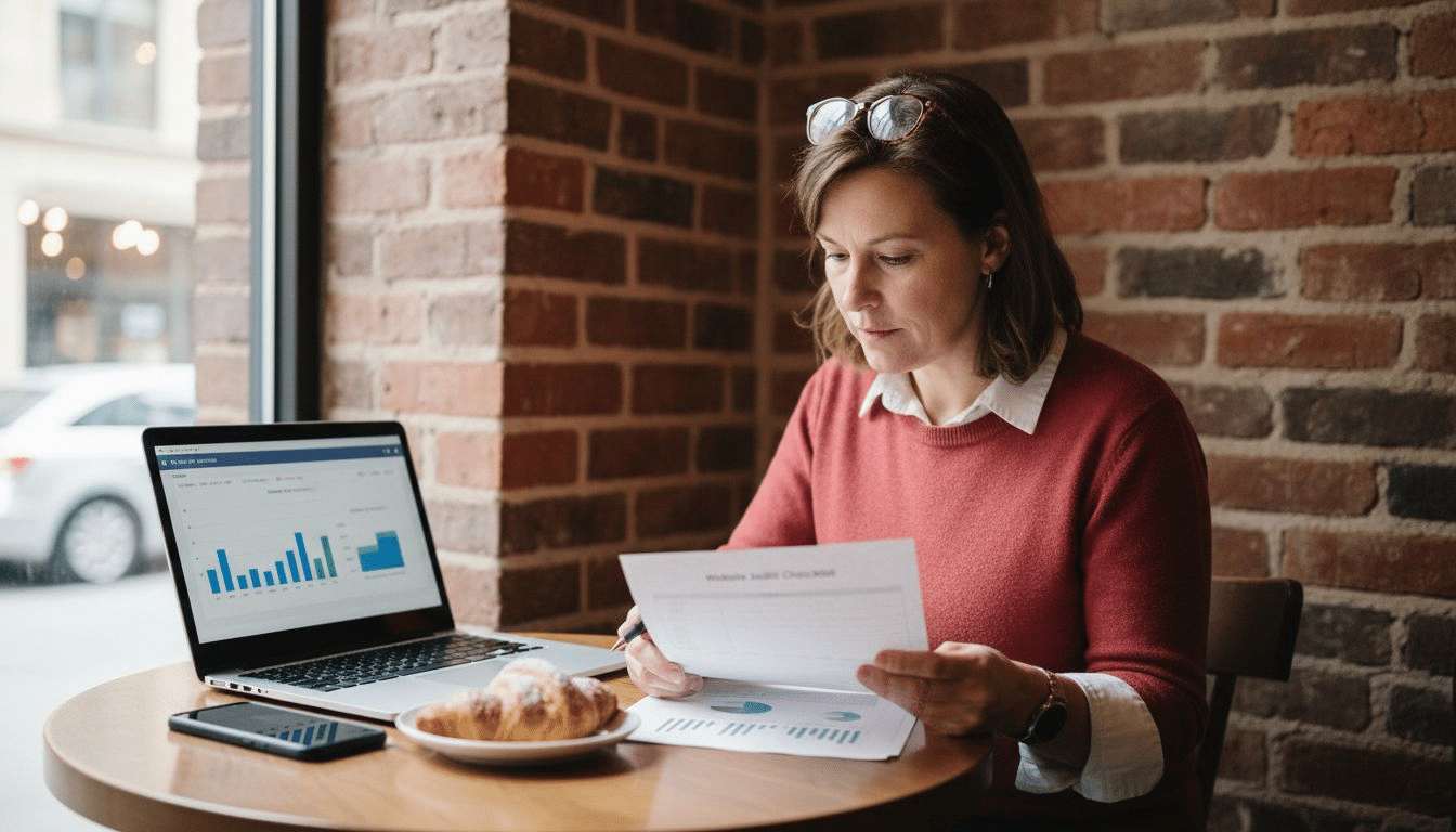 Business owner reviewing digital audit checklist at café