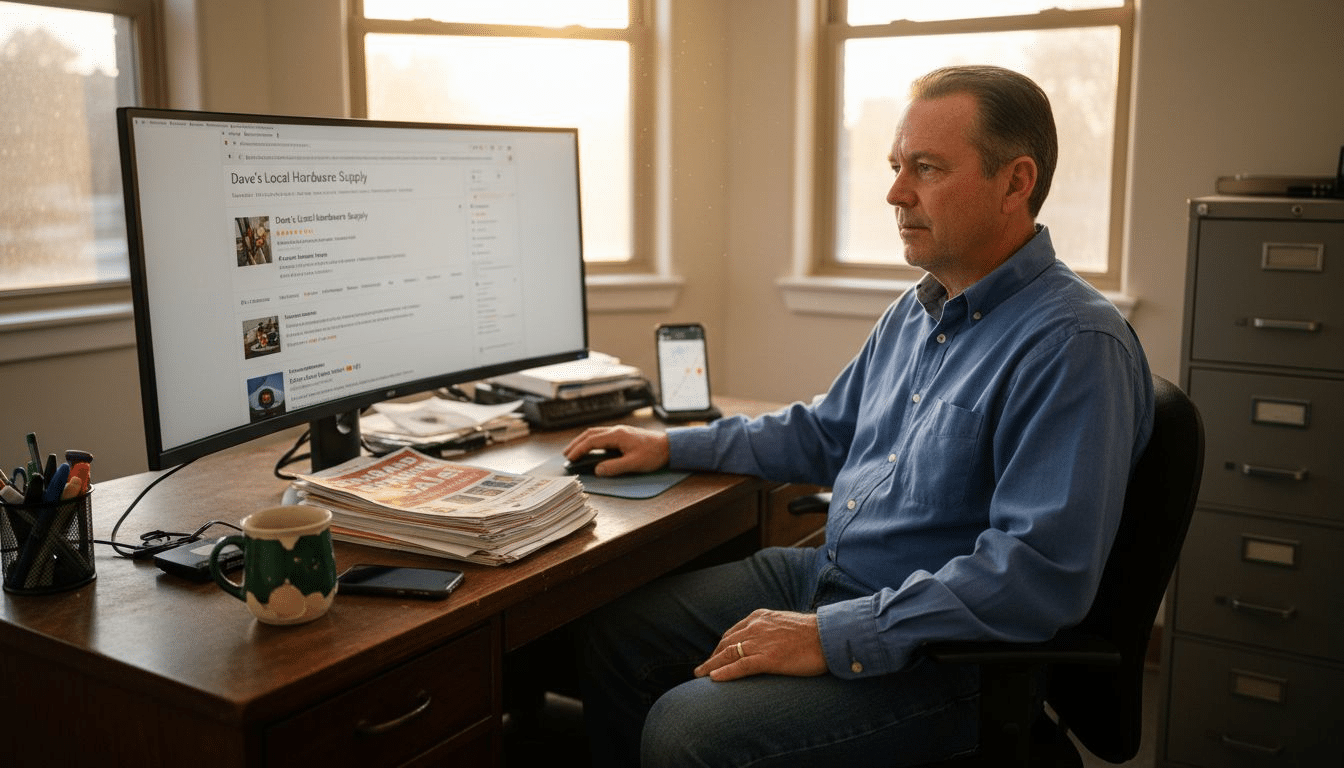 Business owner reviewing local SEO profile