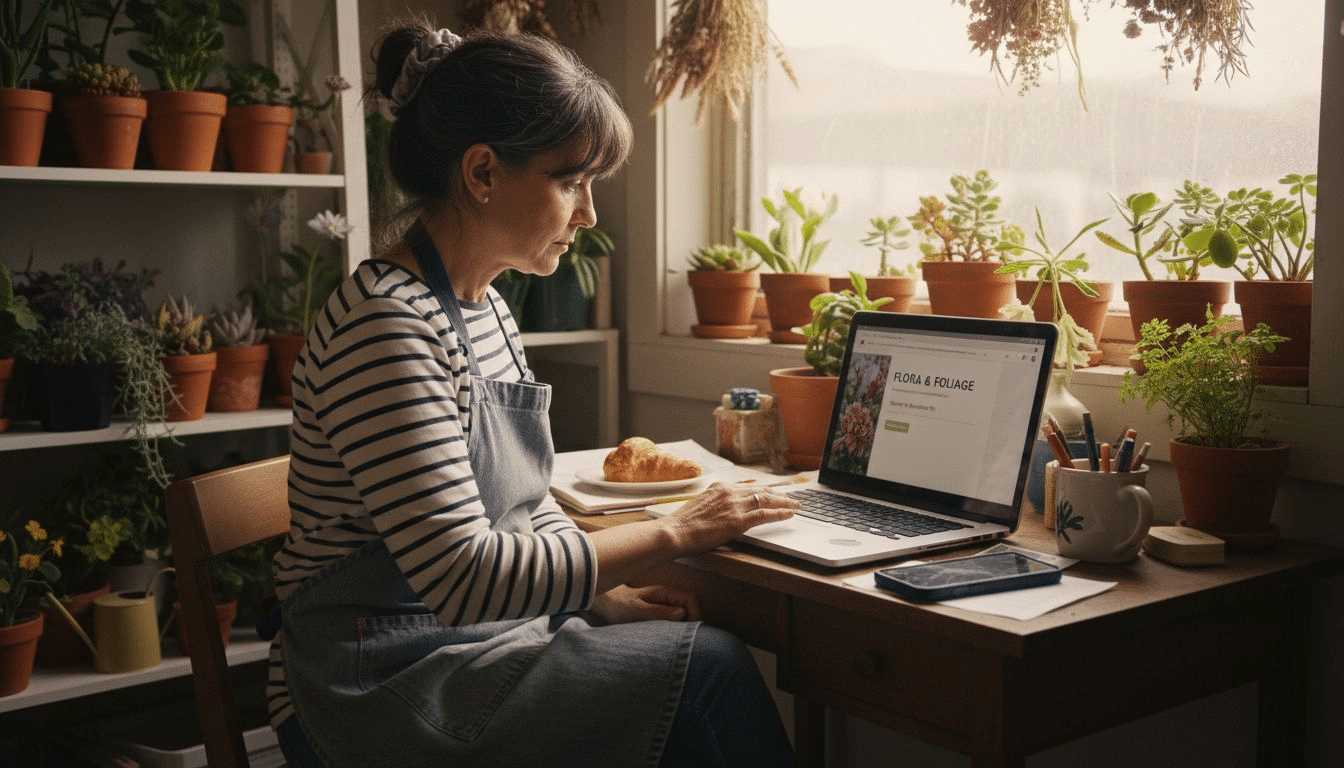 Local business owner managing online marketing