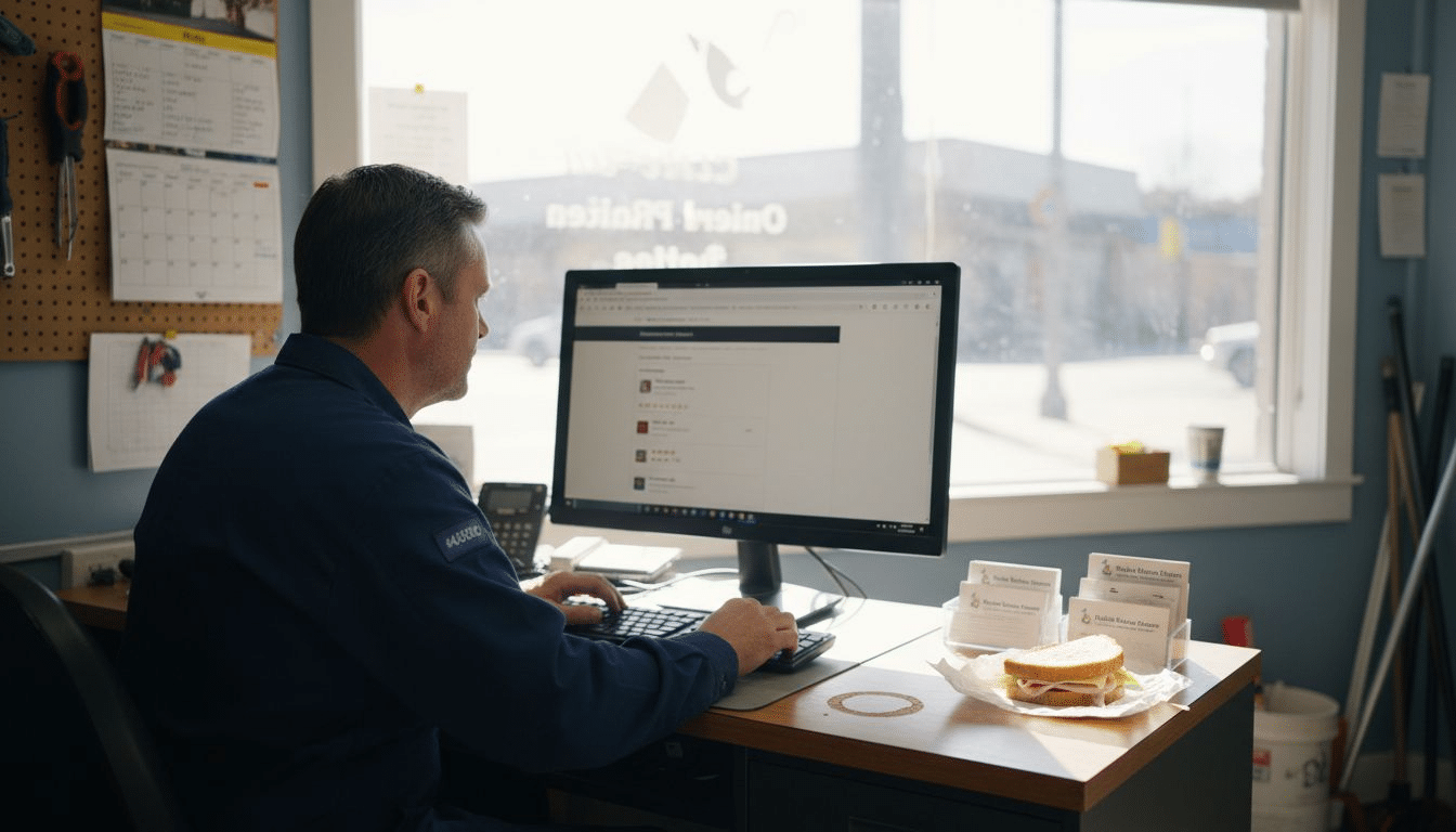 Plumber reviewing local digital marketing results