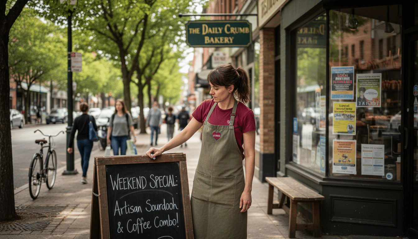 Bakery owner posting sidewalk sign for specials