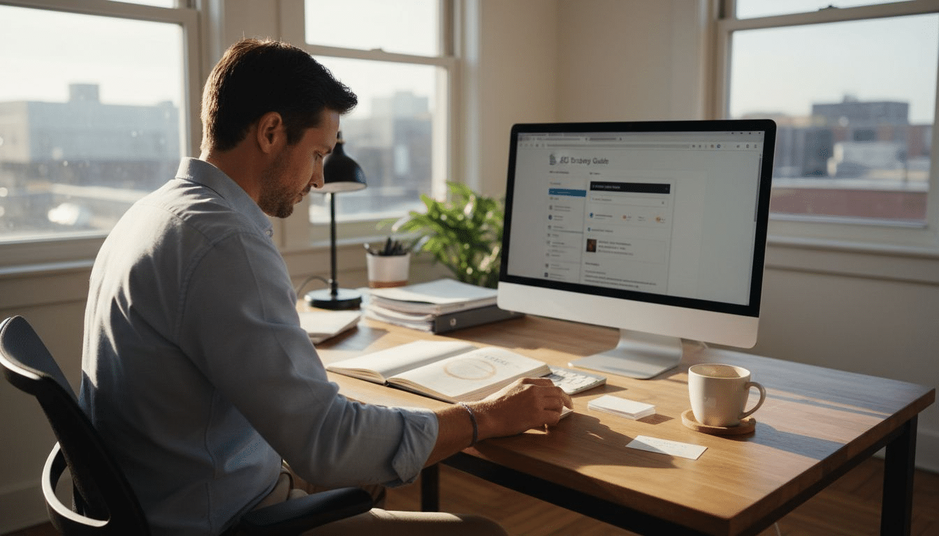 Business owner researching SEO strategies