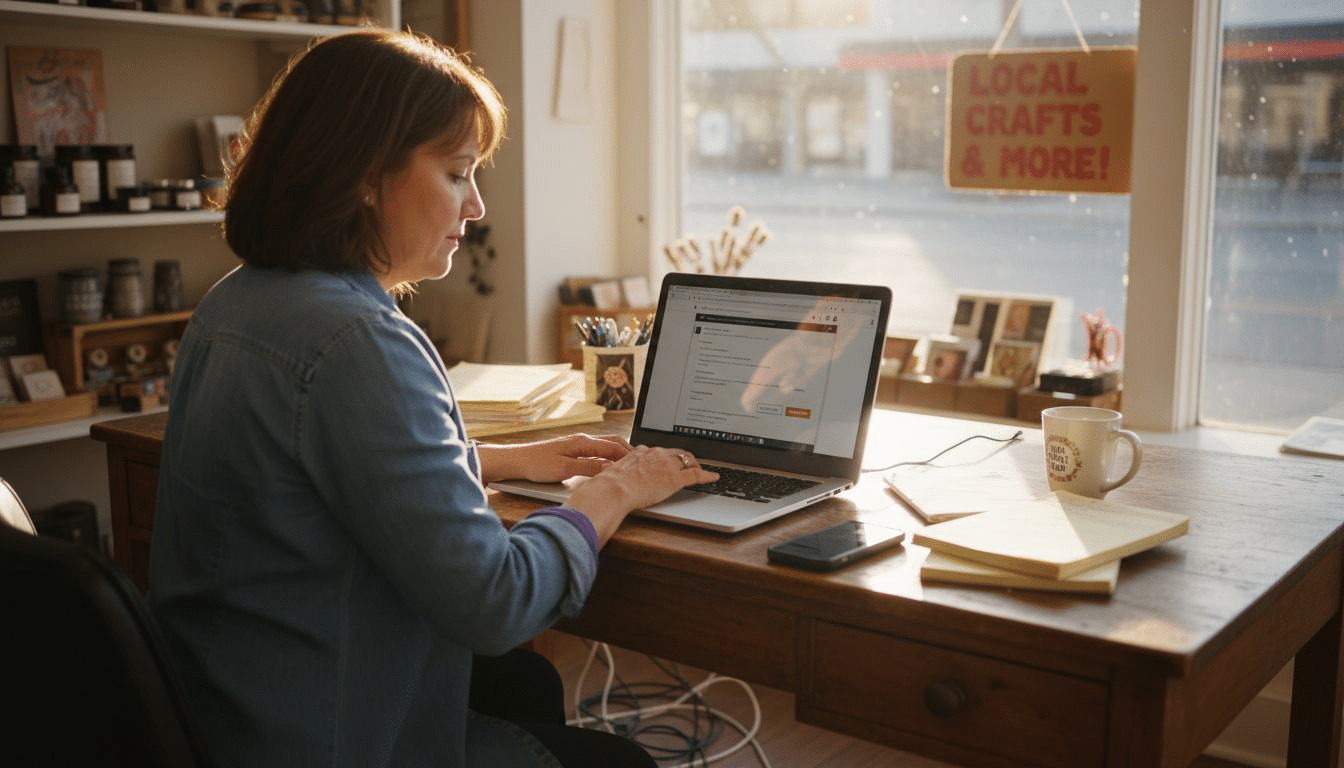 Local business owner optimizing website at desk