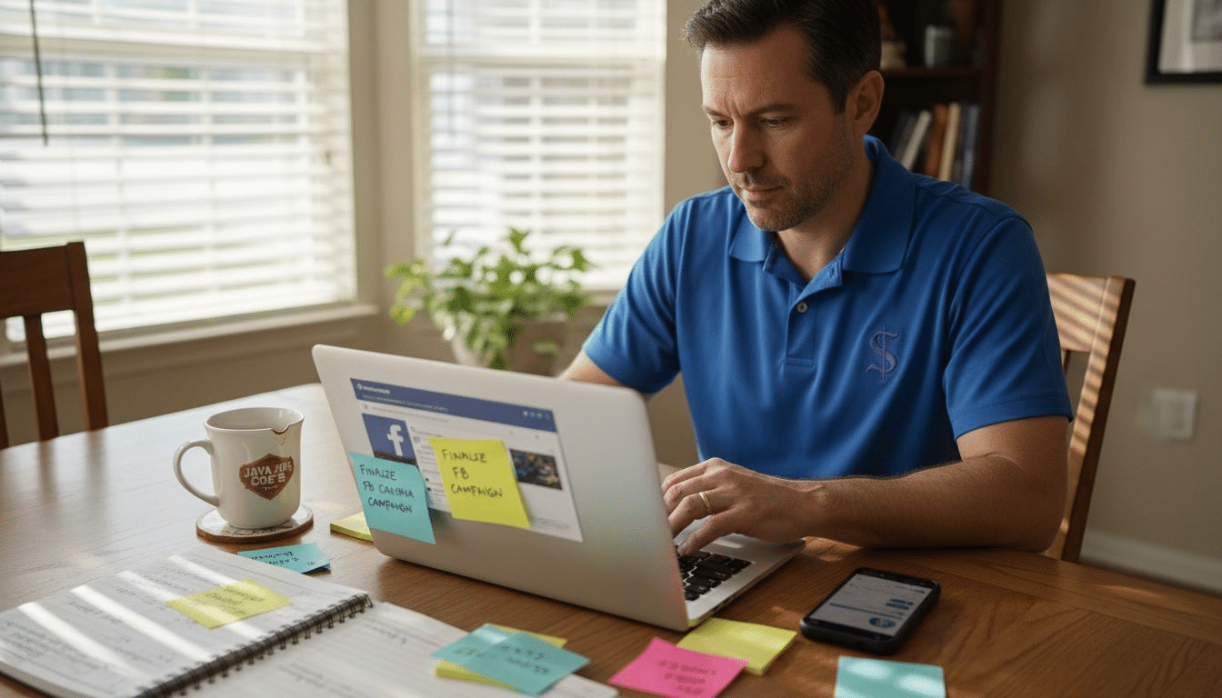 Small business owner creating social ads at table