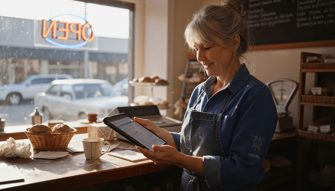 Bakery owner reviews website on tablet at counter