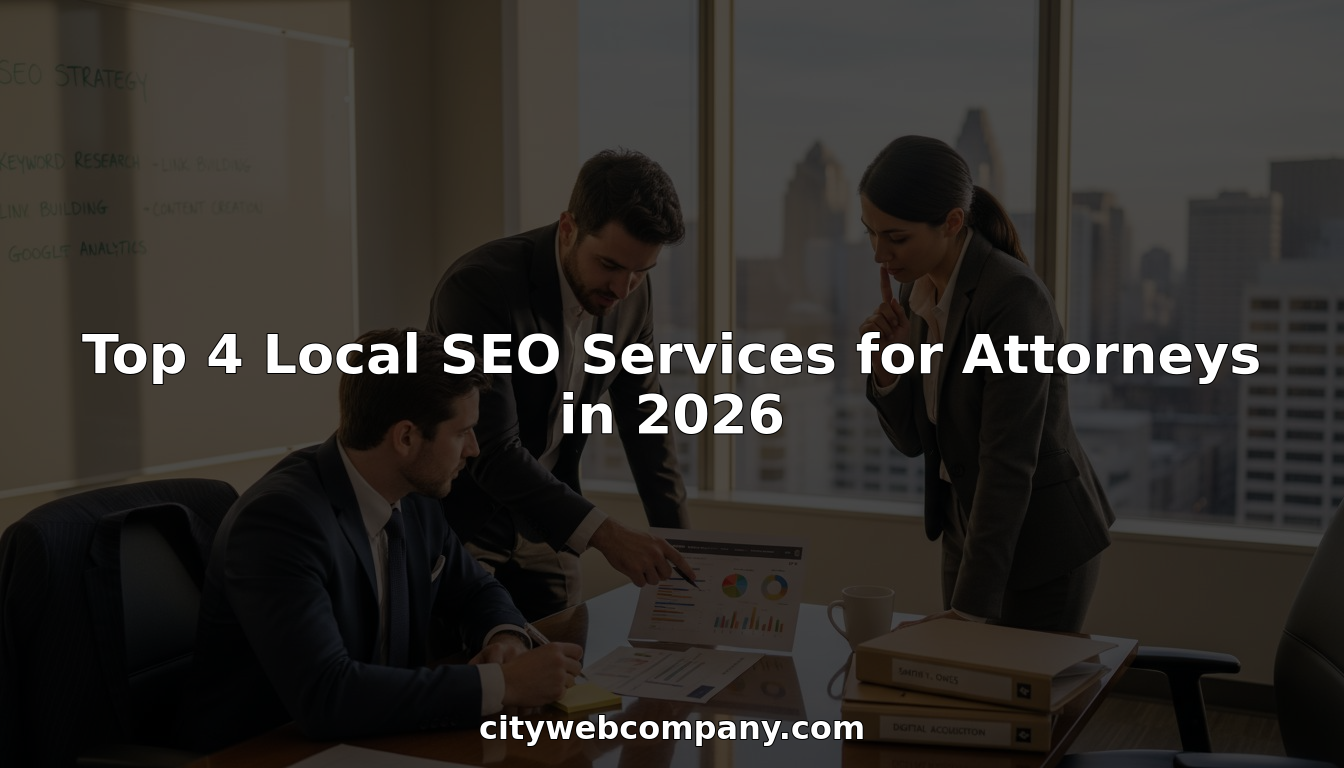 Attorneys meeting in office reviewing local SEO strategy