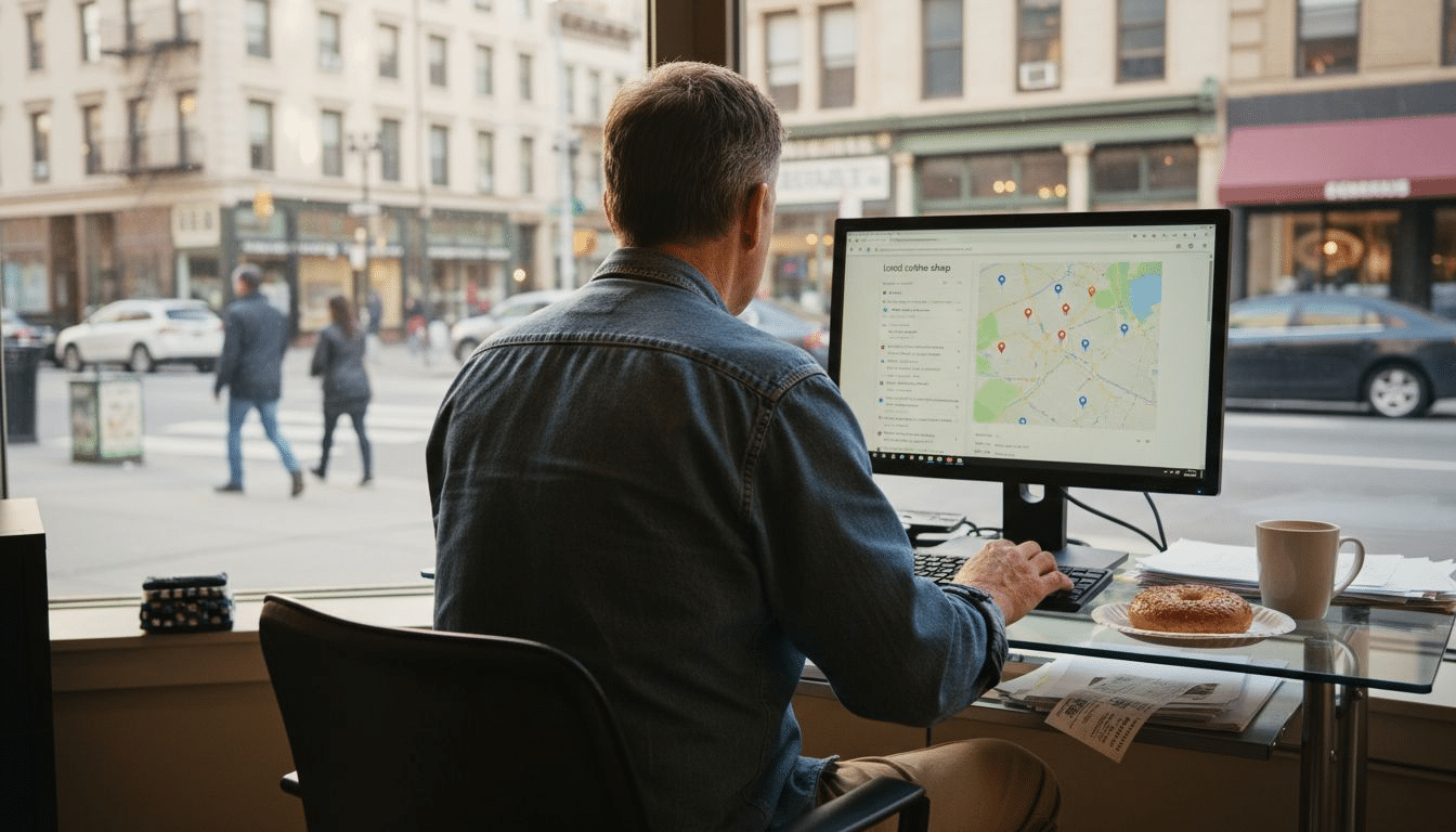Person searching for local business in city office