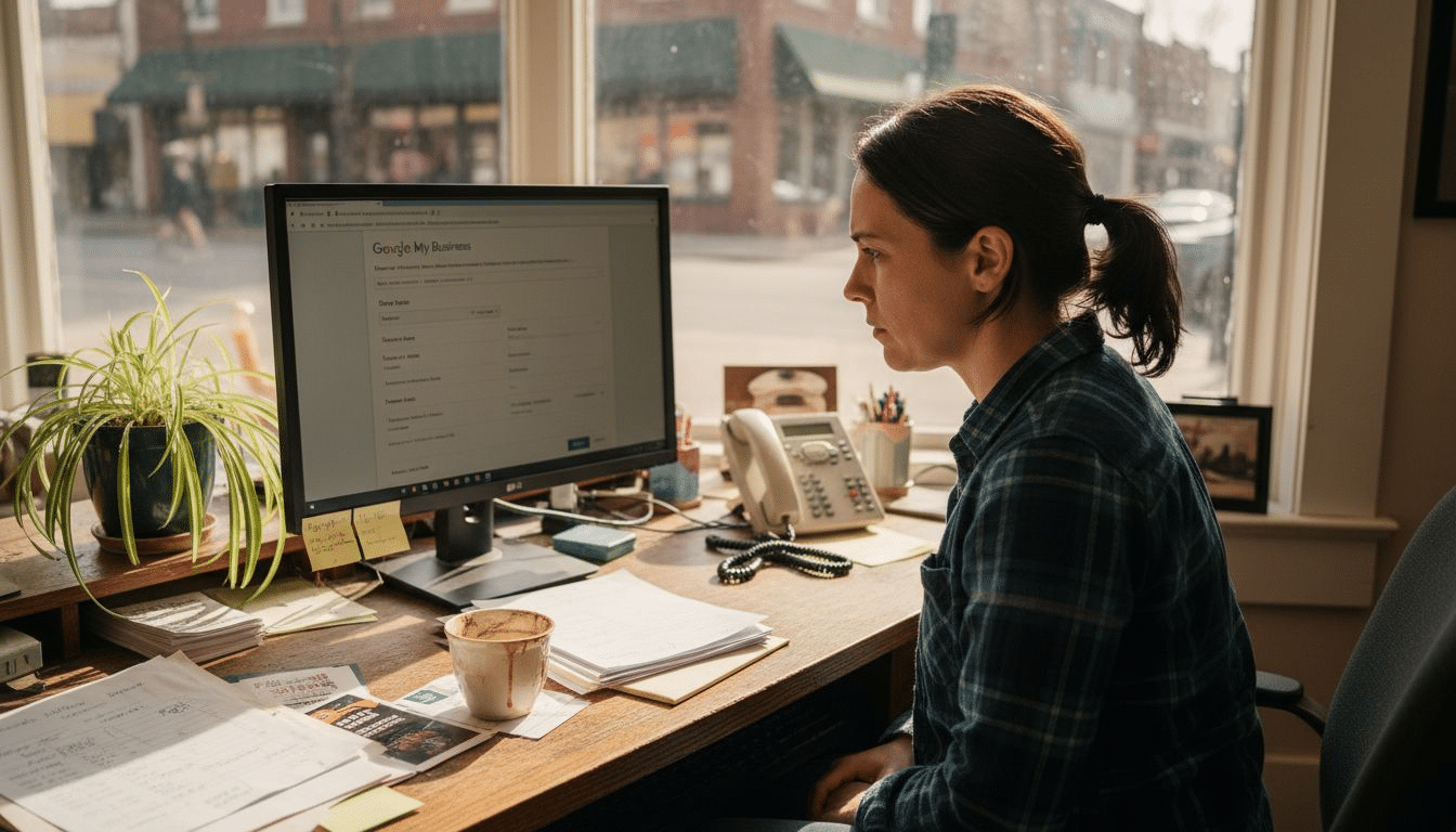 Local business owner updating SEO profile at desk