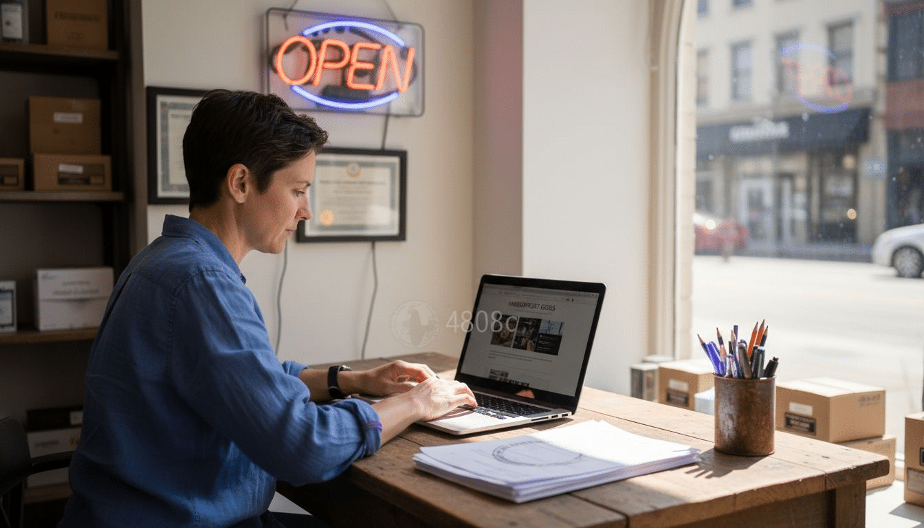 Small business owner reviews website at sunlit desk
