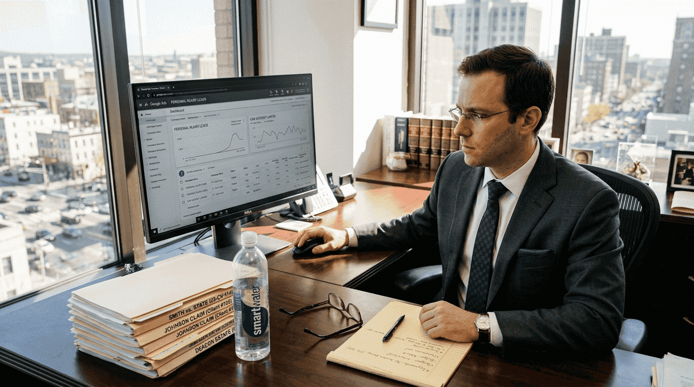 Attorney reviewing Google Ads in law office