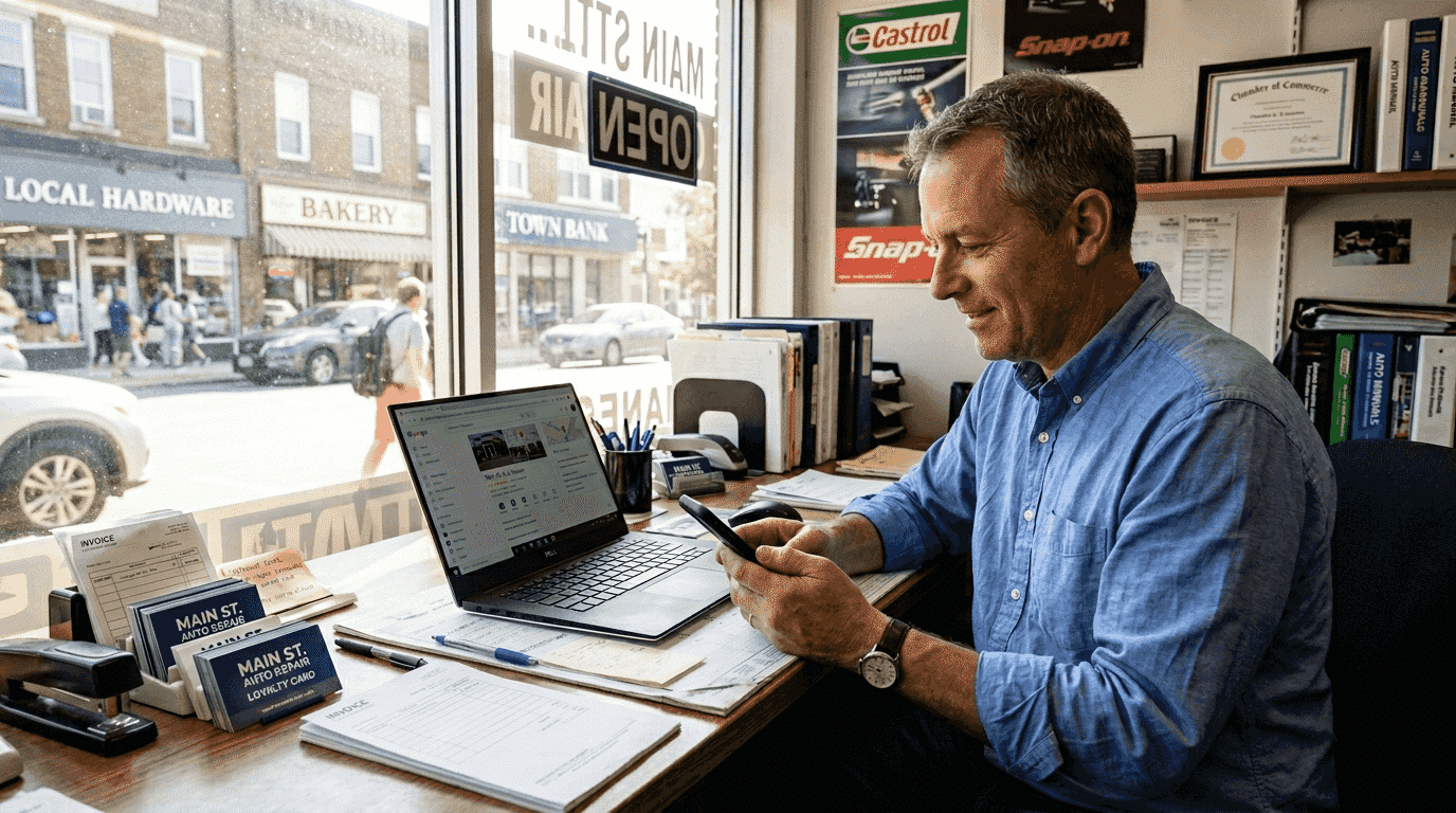 Shop owner managing Google profile at desk