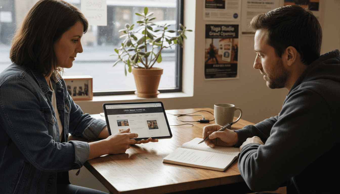 Owner and designer reviewing business website layout