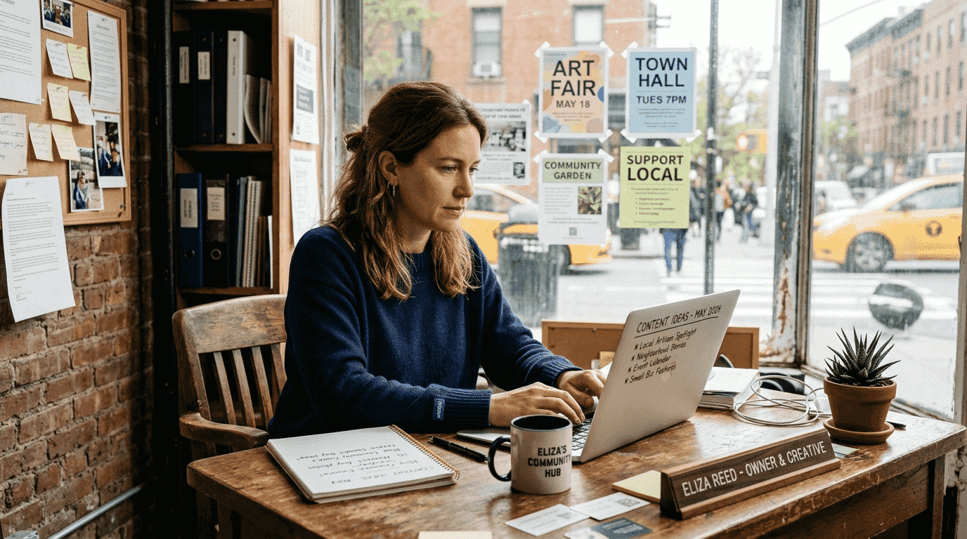 Local business owner drafting marketing ideas at desk