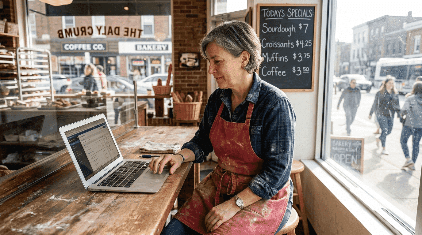 Bakery owner checking social media ads at counter