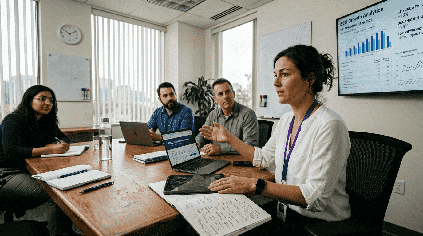 Healthcare manager presenting SEO charts in meeting