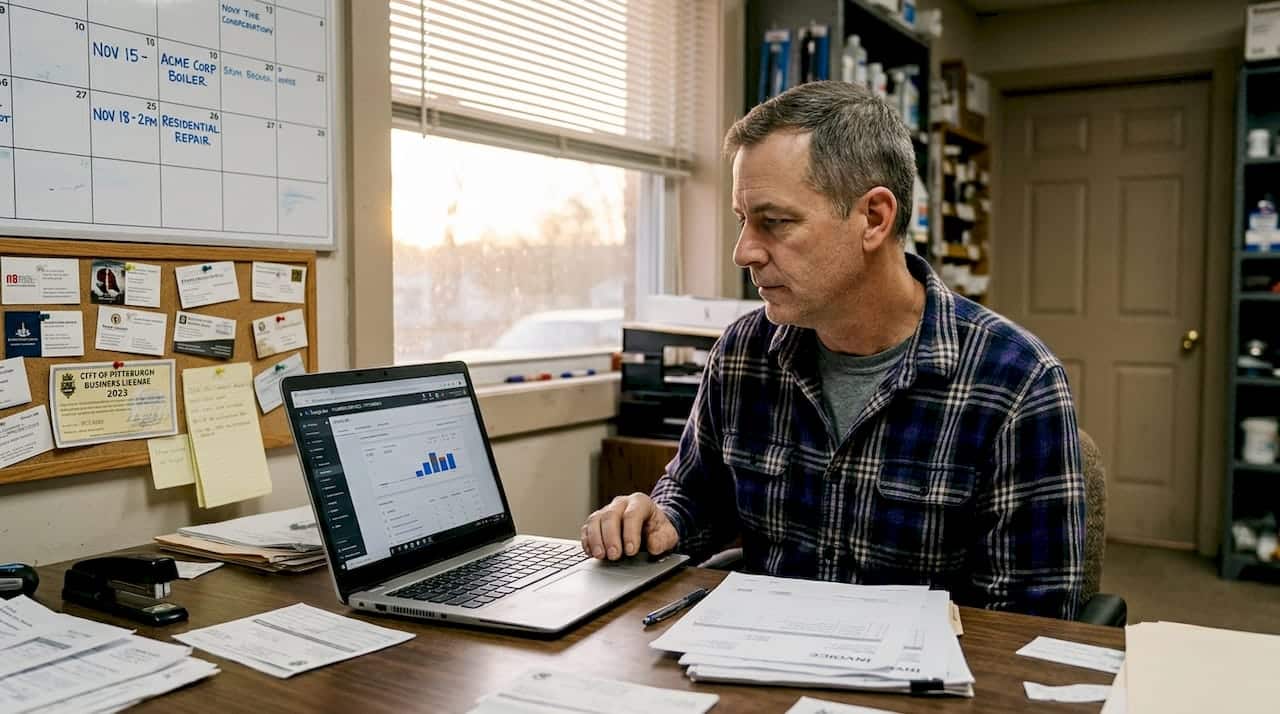 Local business owner reviewing online ads