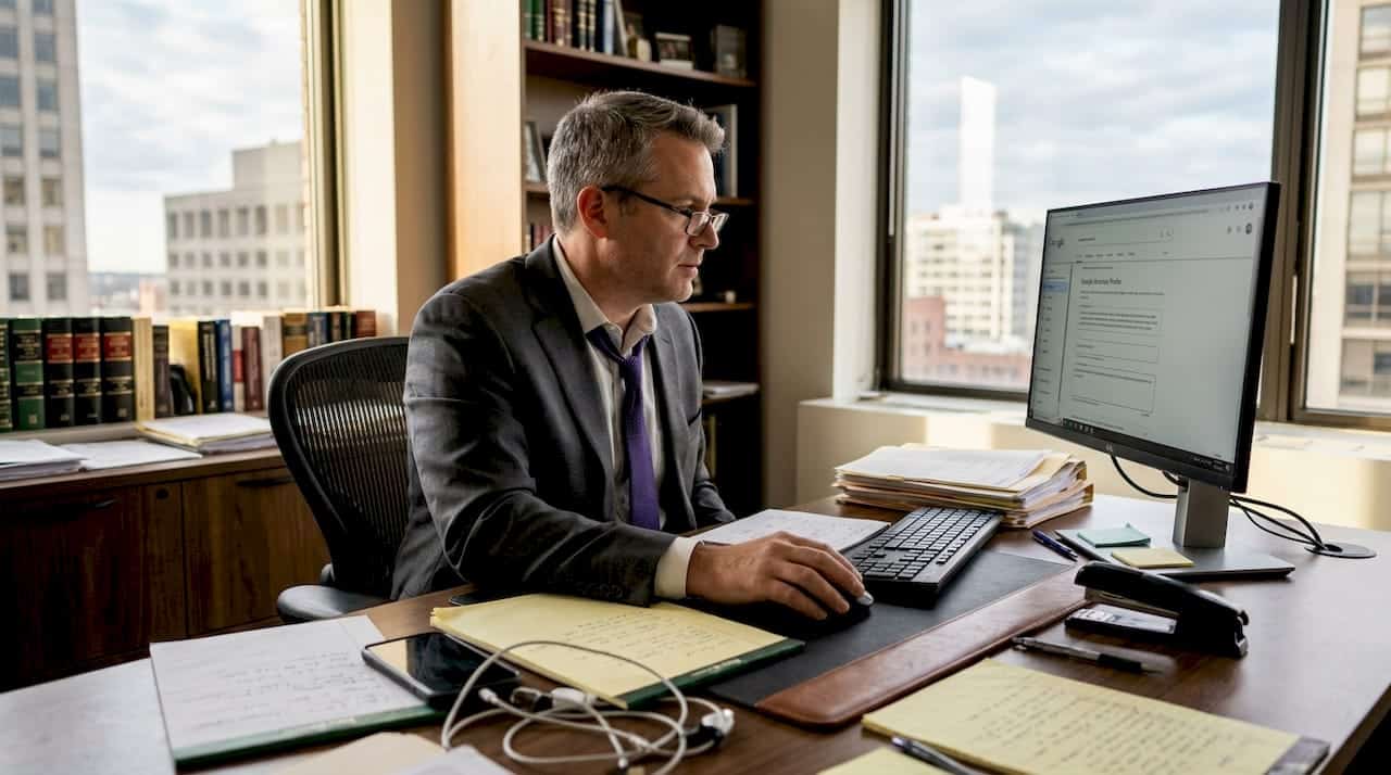 Attorney updating Google profile in law office