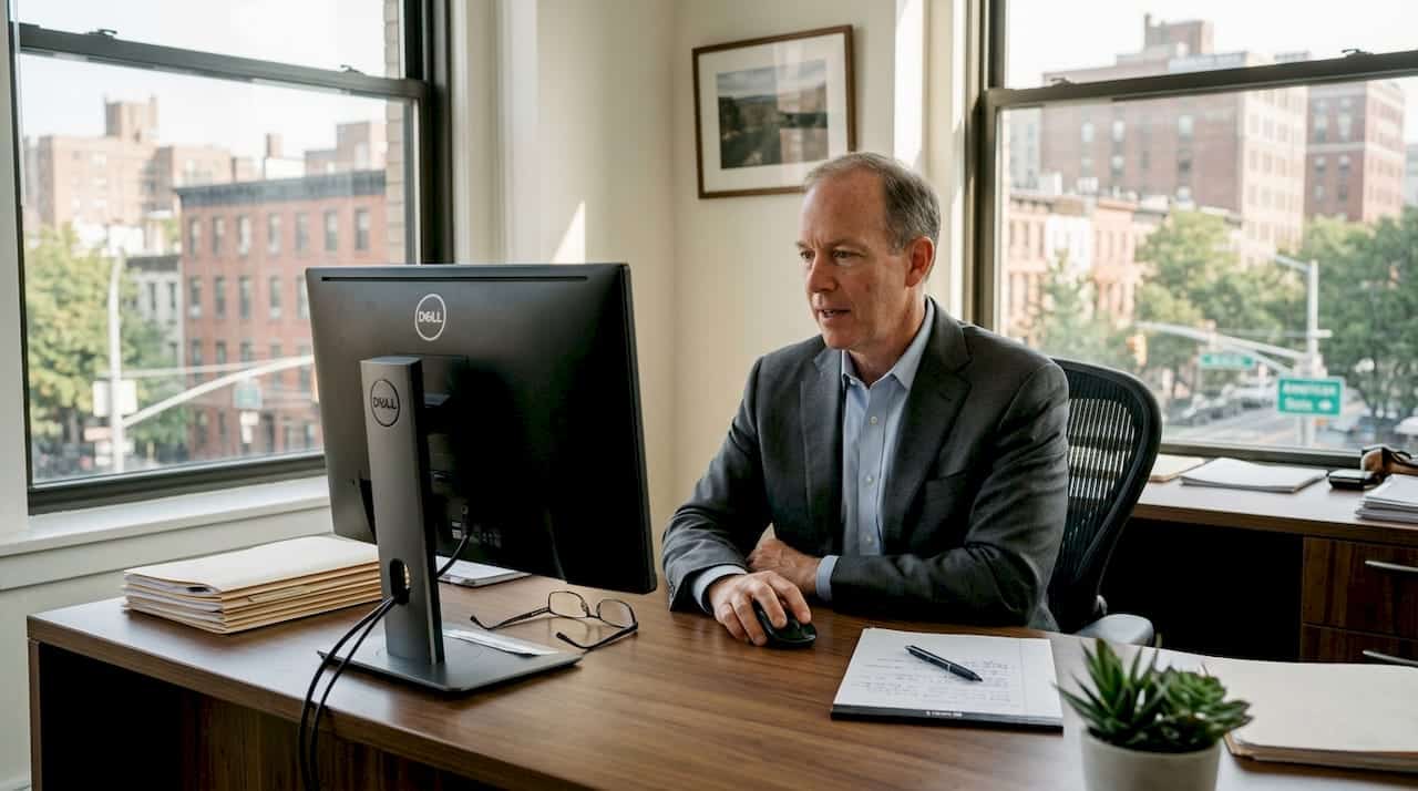 Attorney at desk reviewing law firm website