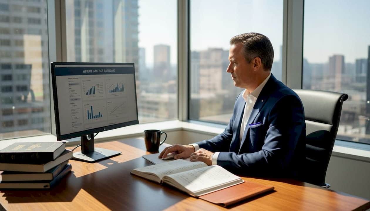 Attorney reviews website SEO in law office