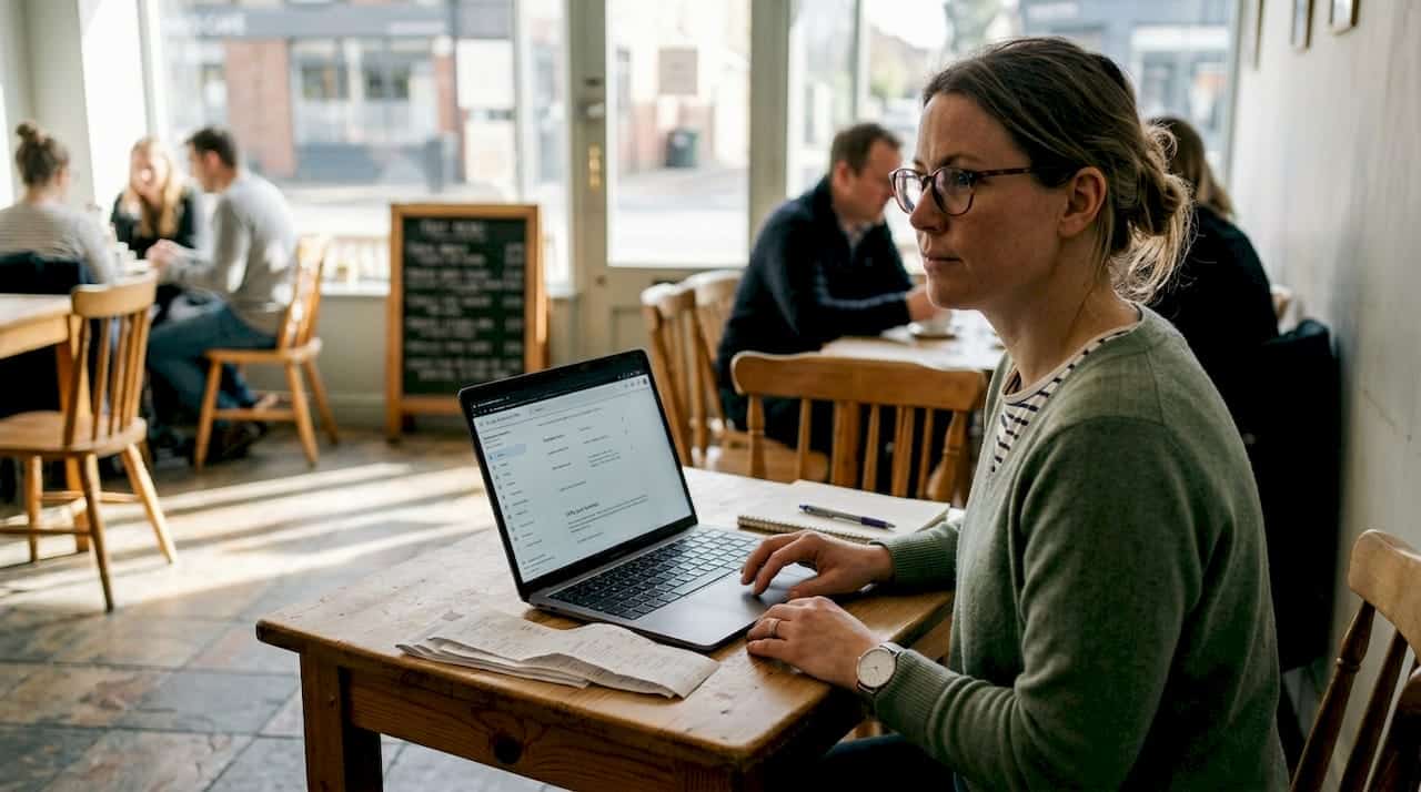 Business owner updating SEO profile in café
