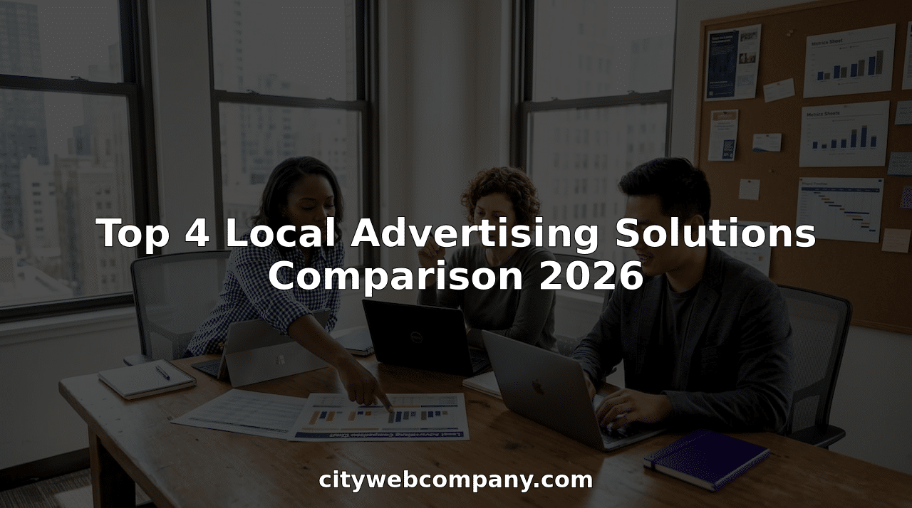 Marketing team reviews local advertising comparison chart