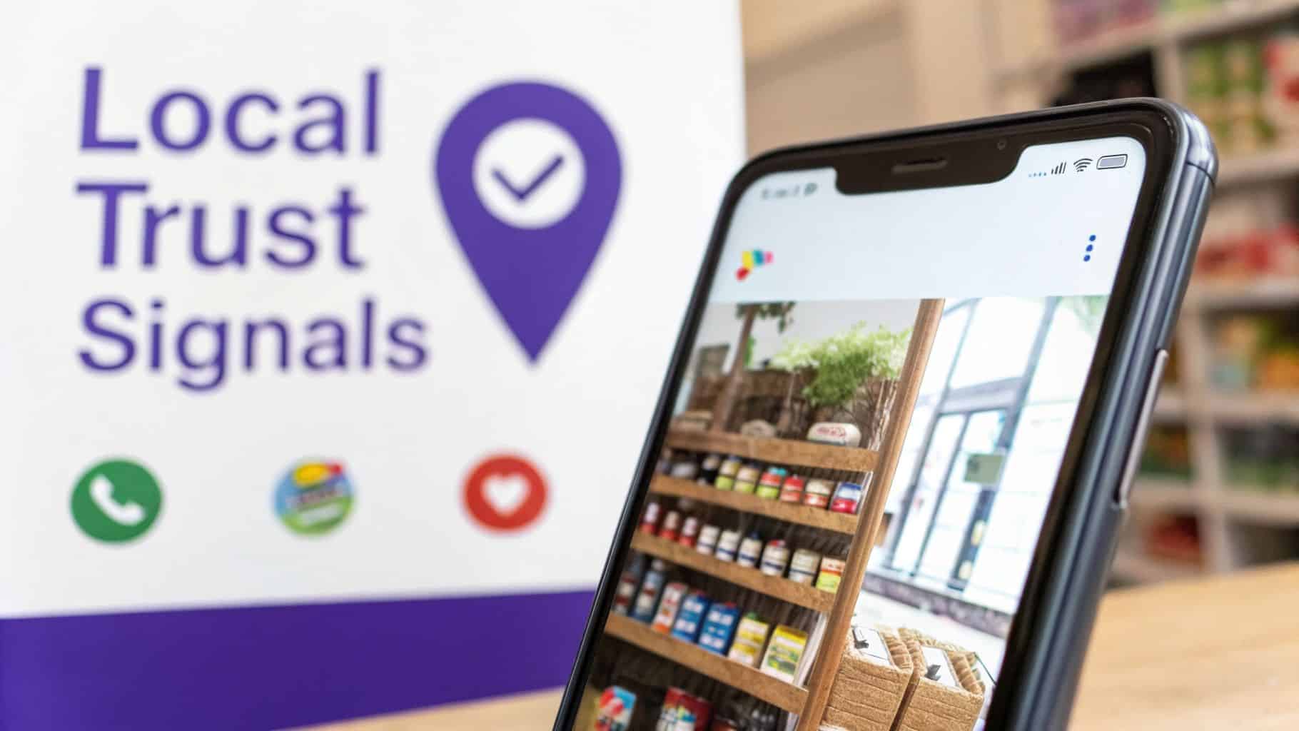 A smartphone displays a local store's interior, next to a sign reading 'Local Trust Signals' with a location pin and icons.