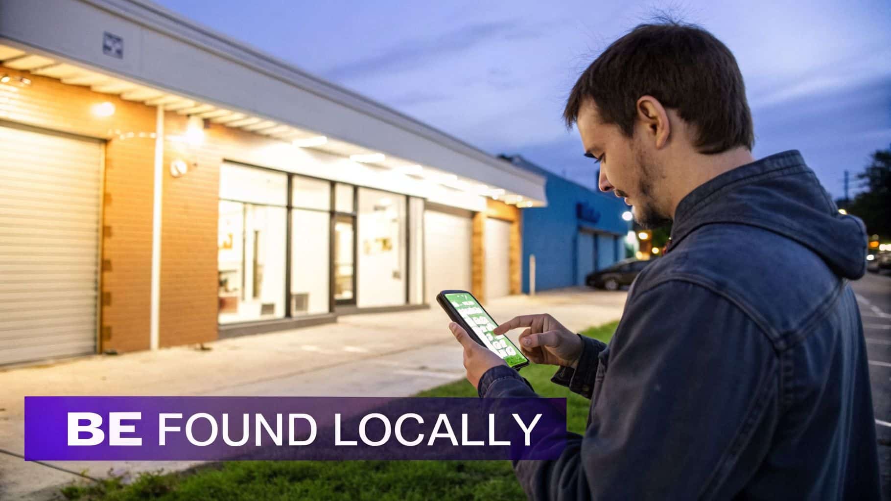 A man using a smartphone outside businesses at dusk with a 'BE FOUND LOCALLY' banner.