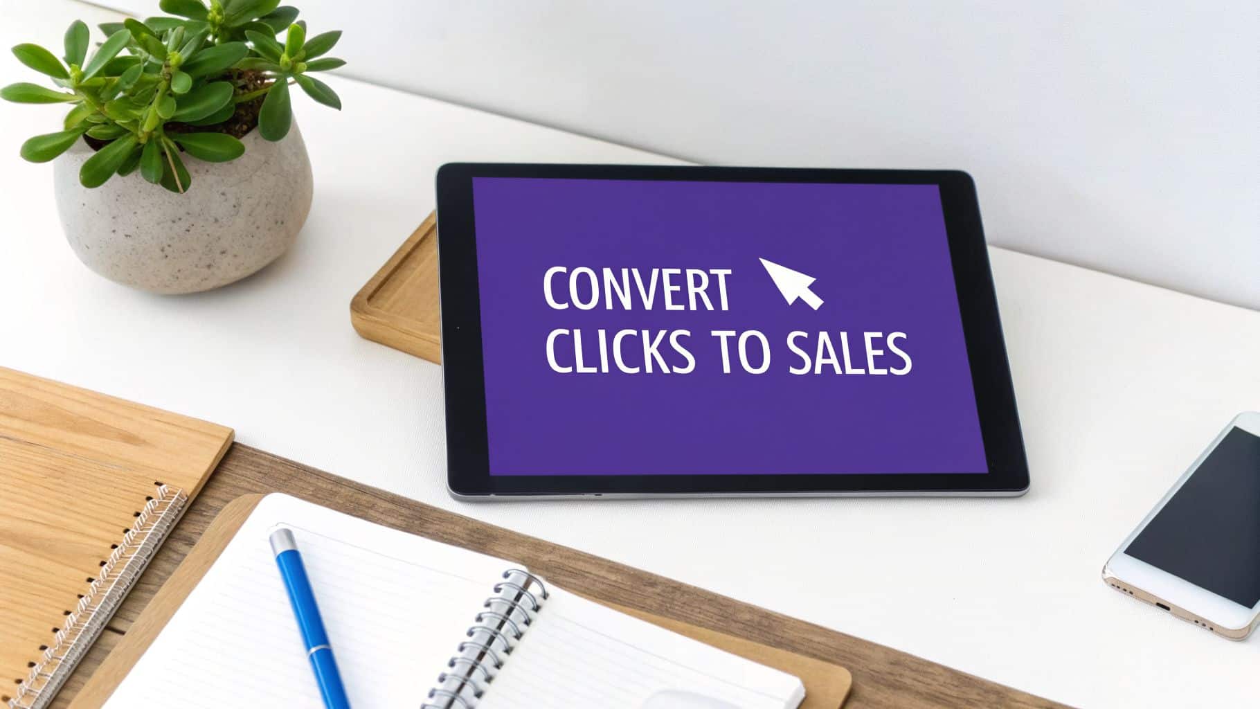 A tablet on a white desk displays 'CONVERT CLICKS TO SALES' with a cursor, alongside a plant and office items.