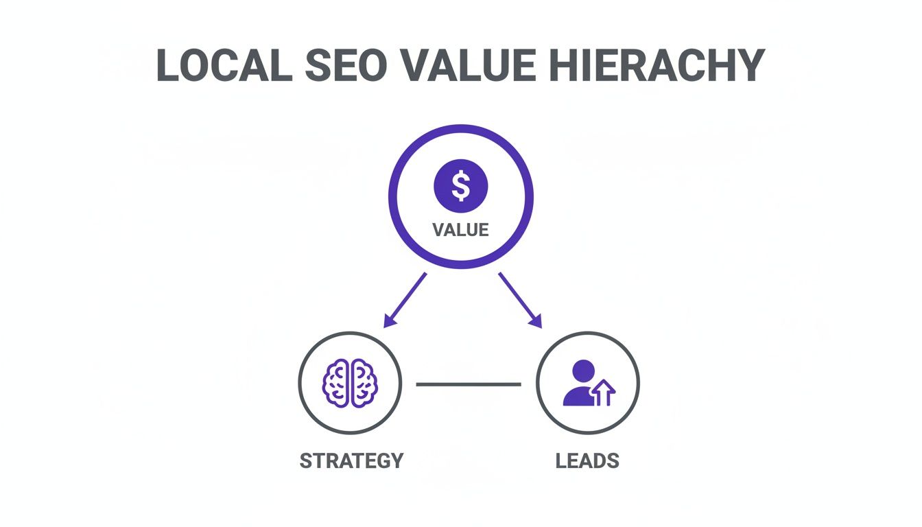 A diagram illustrating the Local SEO Value Hierarchy, showing Value leading to Strategy and Leads.