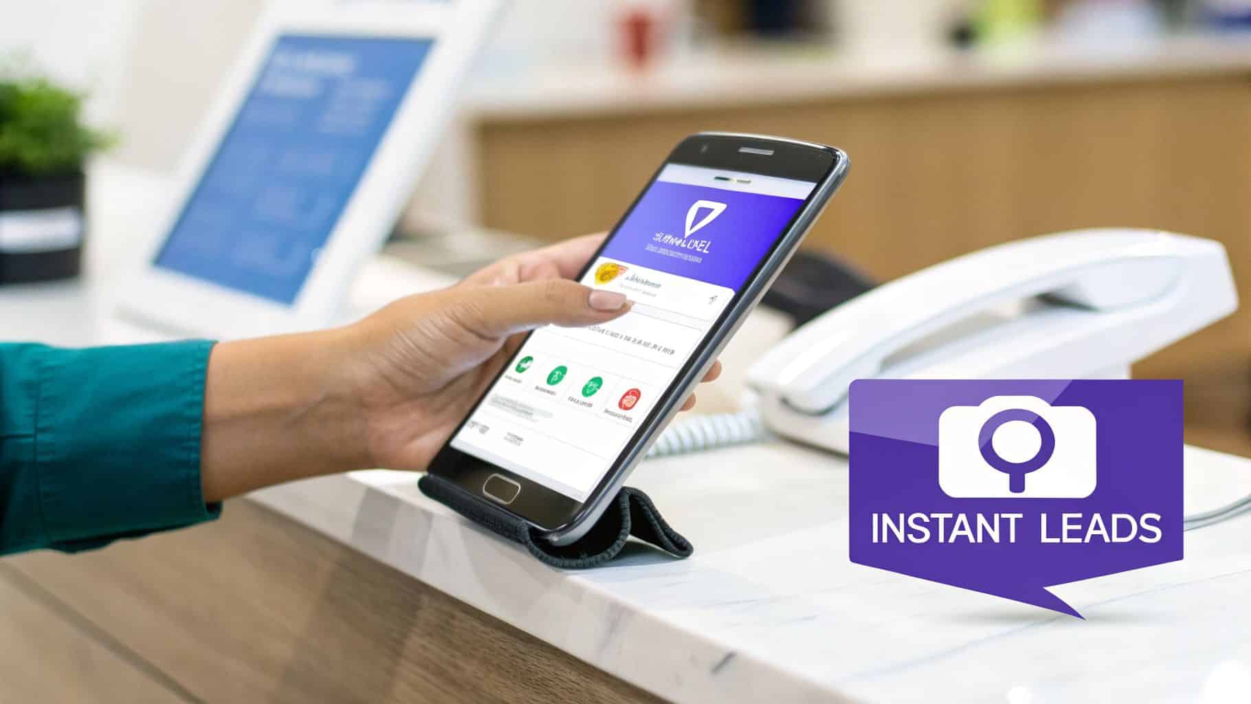 A hand interacts with a smartphone displaying an app for 'Instant Leads', on a modern countertop.