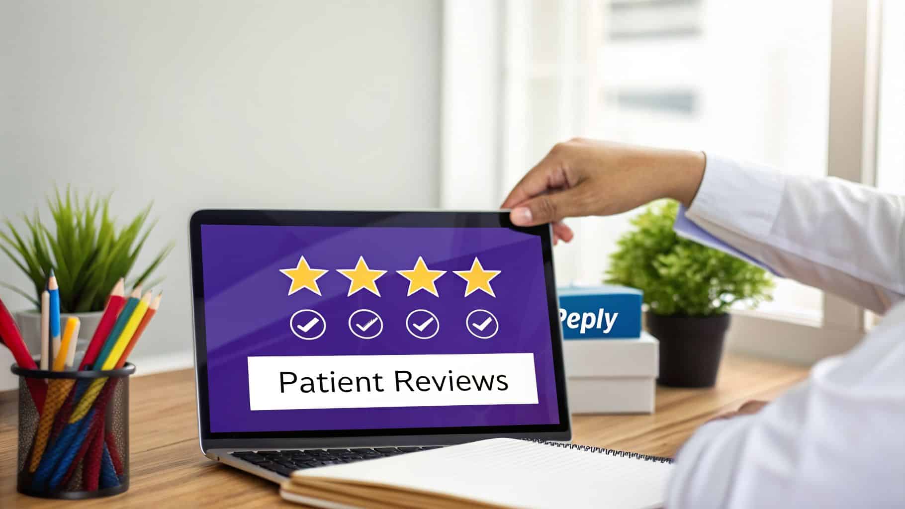 A person reviews patient feedback on a laptop, showing five stars and 'Patient Reviews' text.