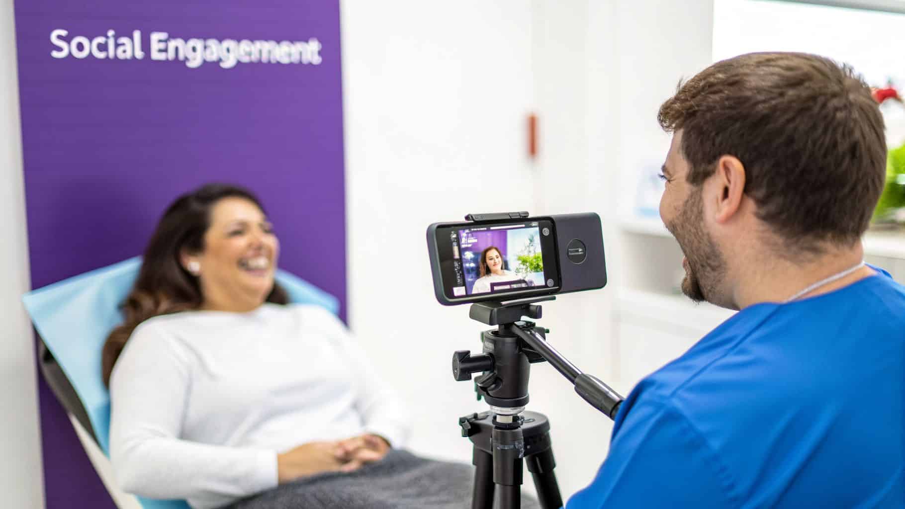 A man in blue scrubs films a laughing woman with a smartphone on a tripod in a modern clinic.