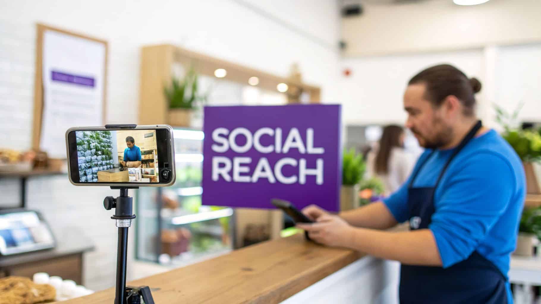 A small business owner live-streams content for social media with a 'Social Reach' sign.