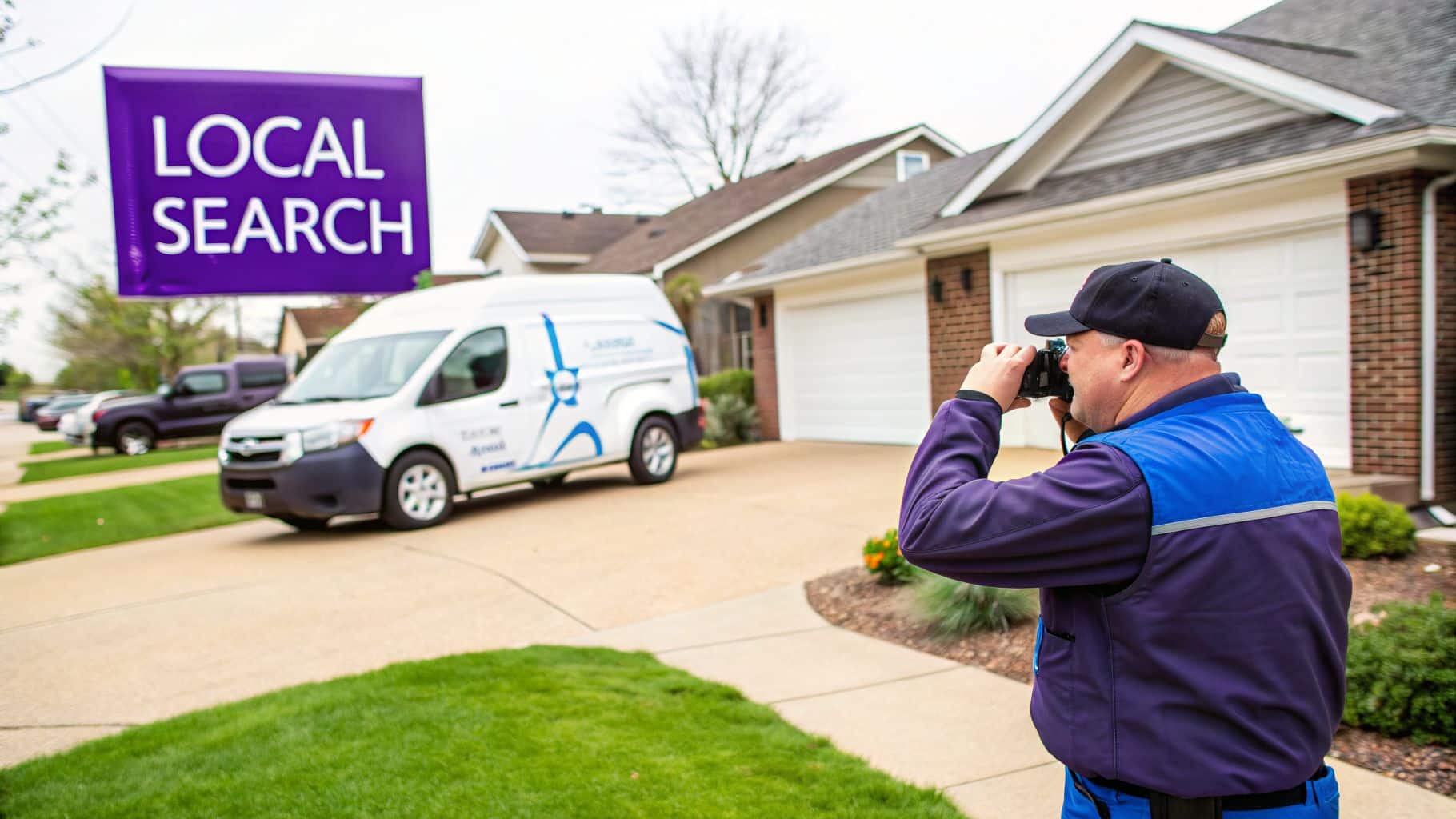 A man photographs a white van and a large purple "LOCAL SEARCH" sign in front of a suburban house.