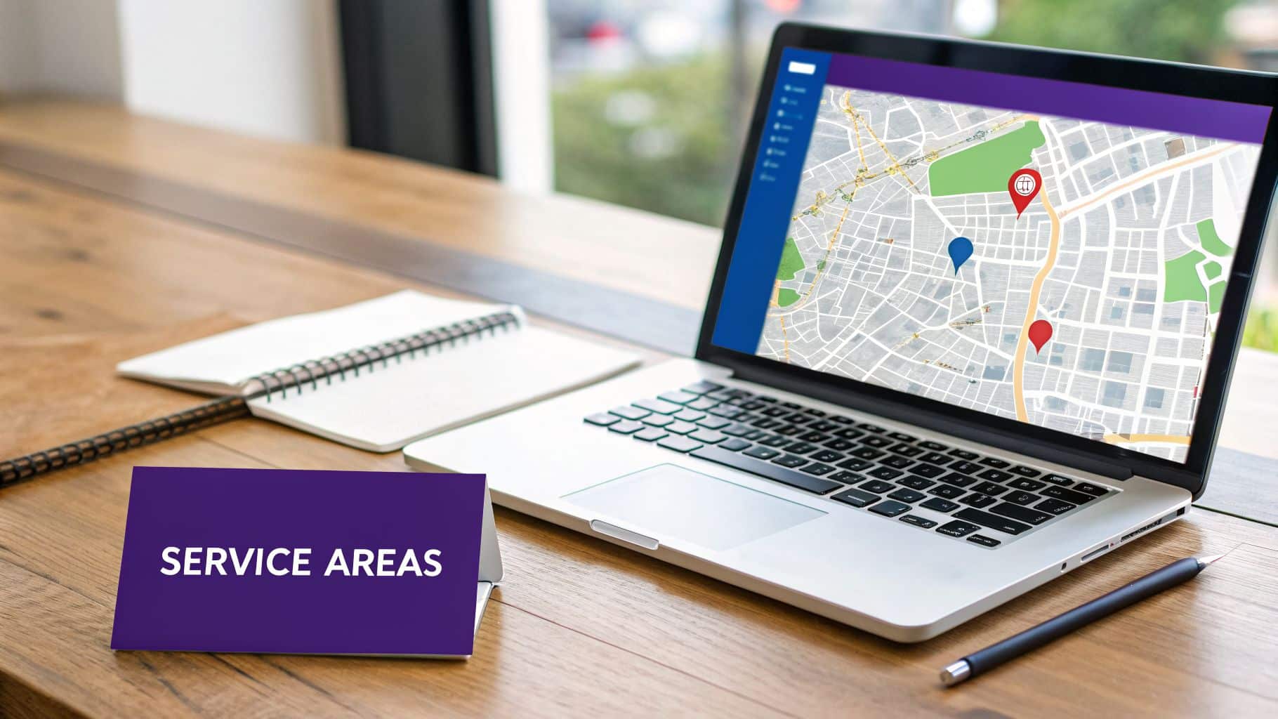 A laptop displays a map with multiple location pins, next to a 'SERVICE AREAS' sign.