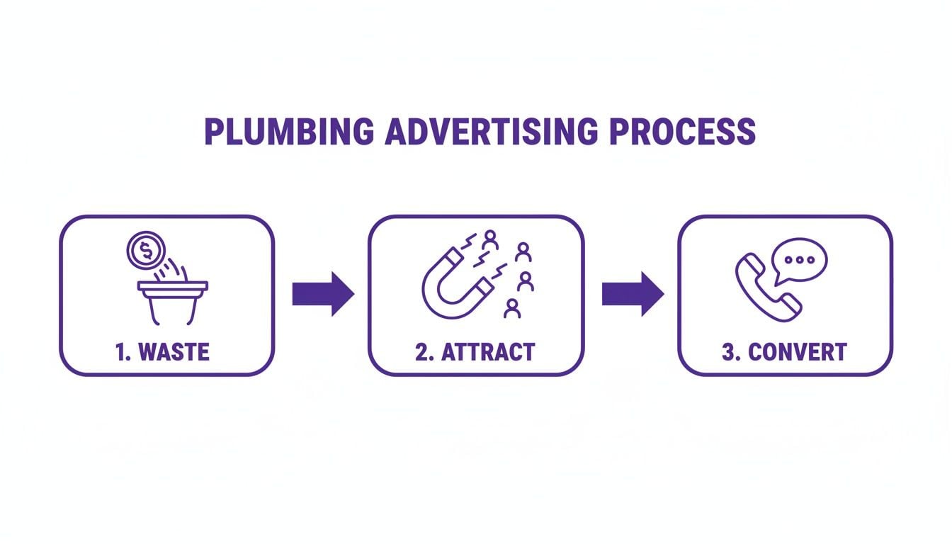 Infographic illustrating the plumbing advertising process with steps: waste, attract, and convert.