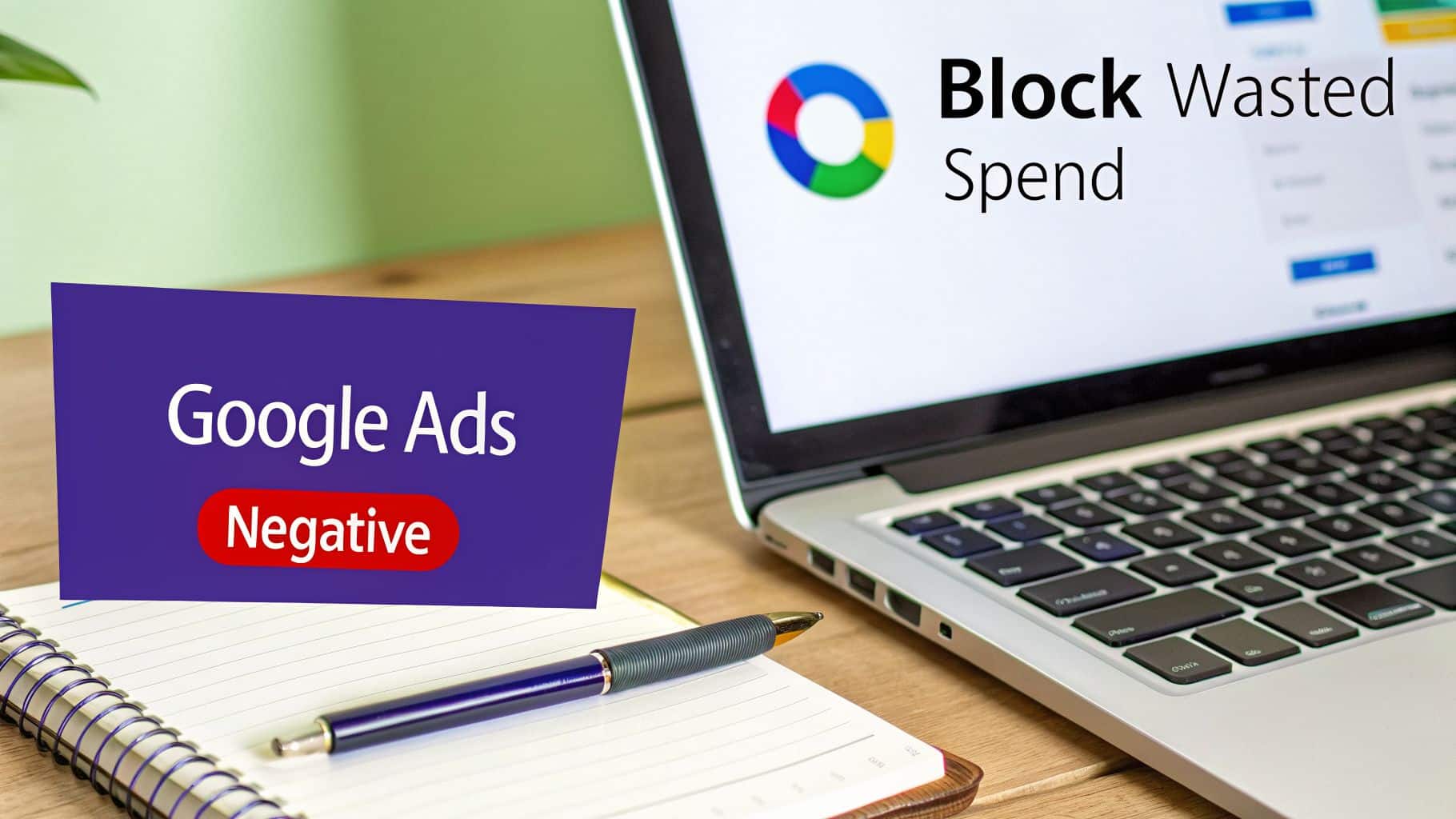 A laptop screen displaying 'Block Wasted Spend' next to a 'Google Ads Negative' sign, pen, and notebook.