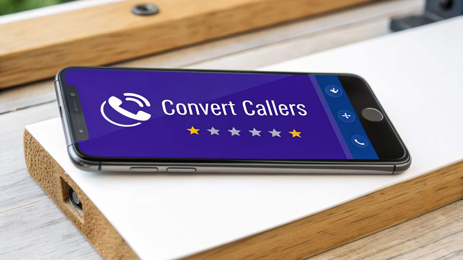 A smartphone displaying a purple app with 'Convert Callers' text and two yellow rating stars.