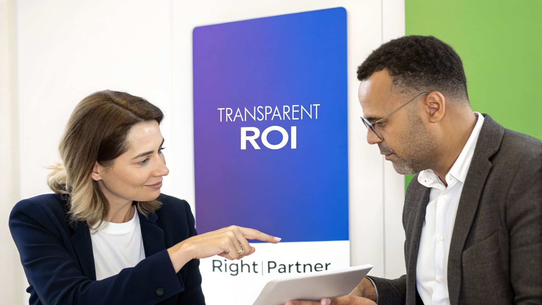 Two business professionals discussing documents, with a woman pointing, in front of a 'Transparent ROI' banner.
