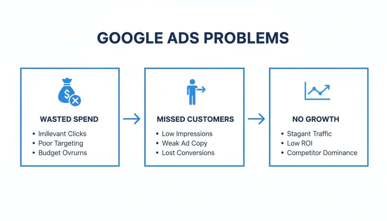 Flowchart outlining common Google Ads problems, including wasted spend, missed customers, and no growth.