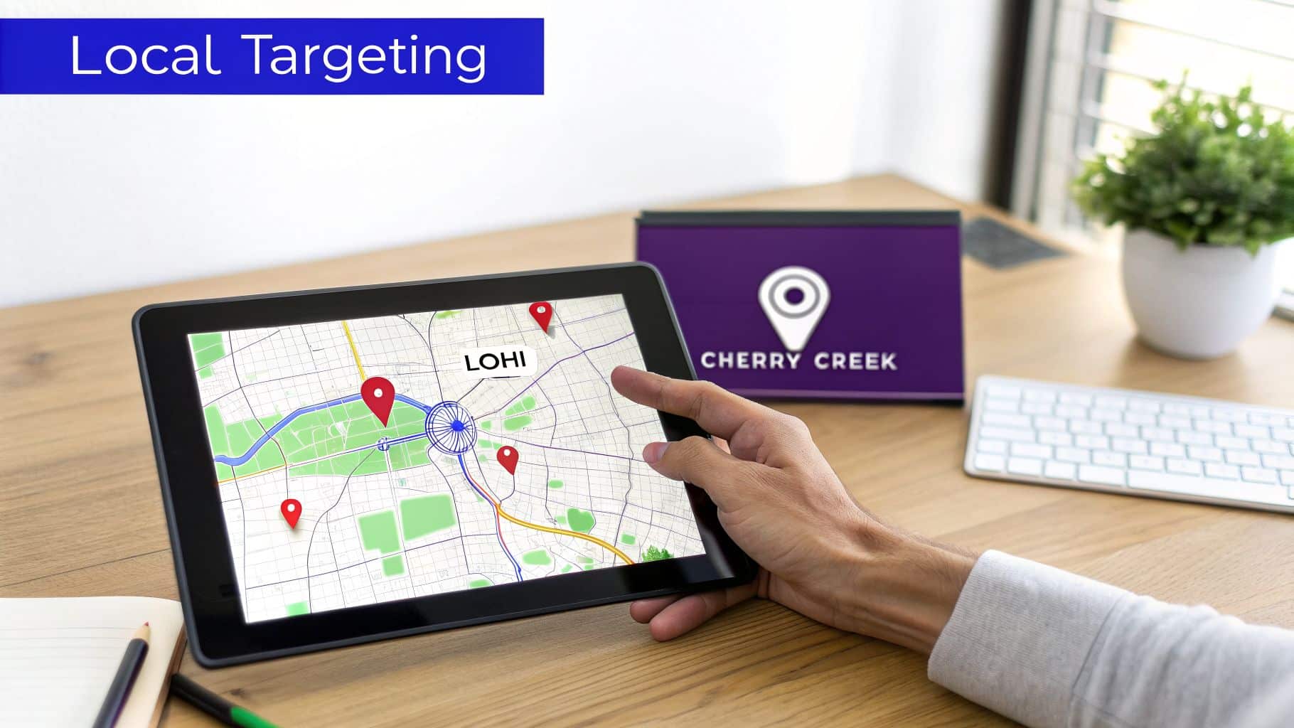 A hand interacts with a tablet showing a map with location pins and 'LOHI' for local business targeting.
