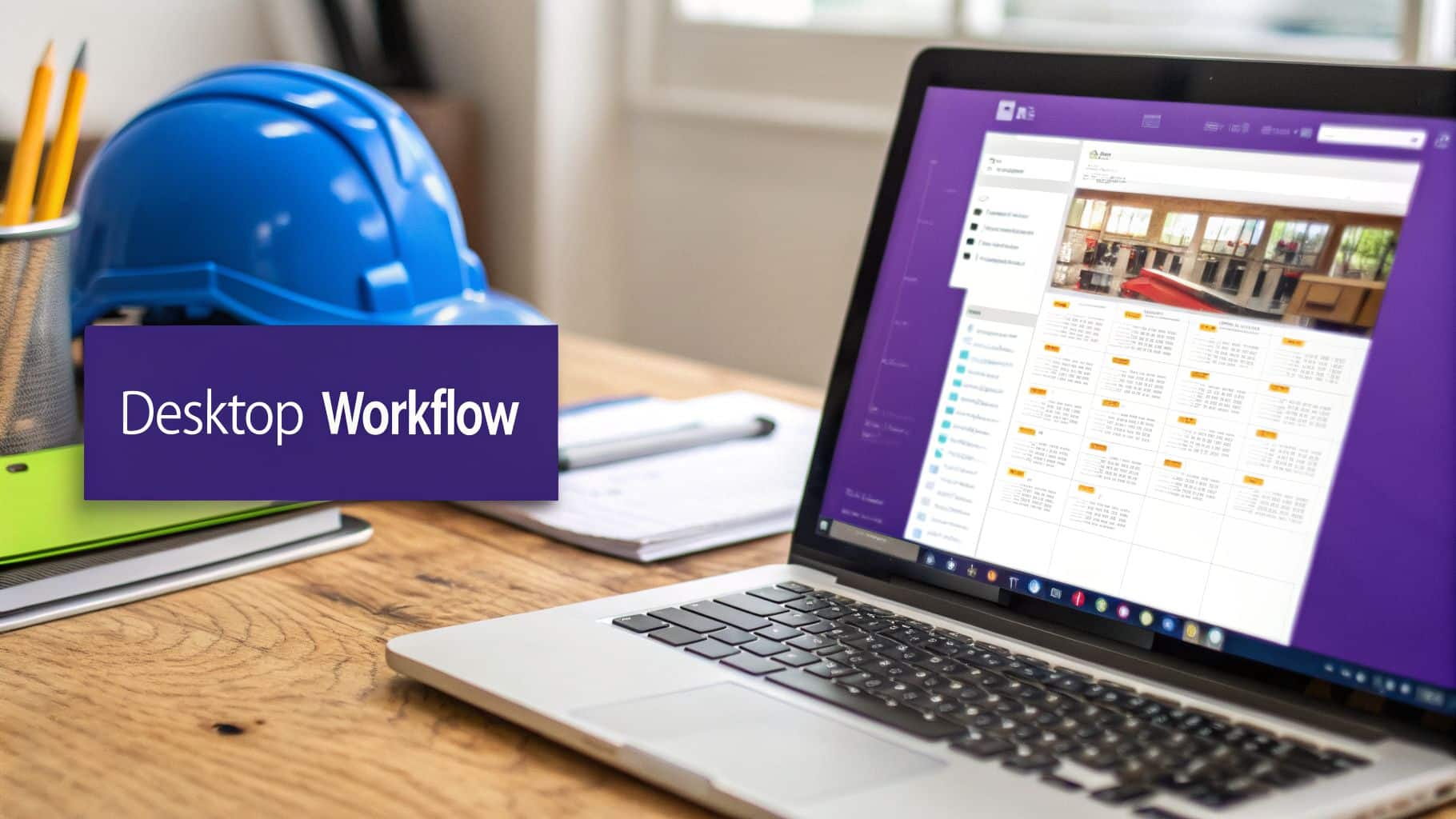 A laptop displaying a workflow application next to a blue hard hat and a 'Desktop Workflow' banner.