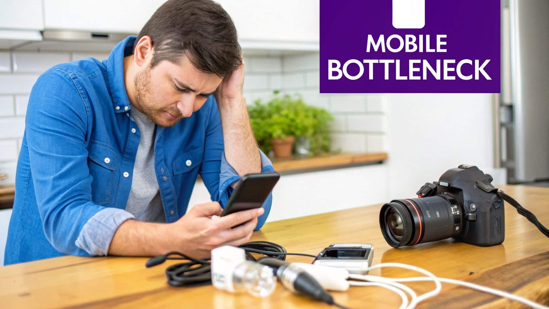 A man looks frustrated at his phone, surrounded by tangled cables, chargers, and a camera, representing a mobile bottleneck.